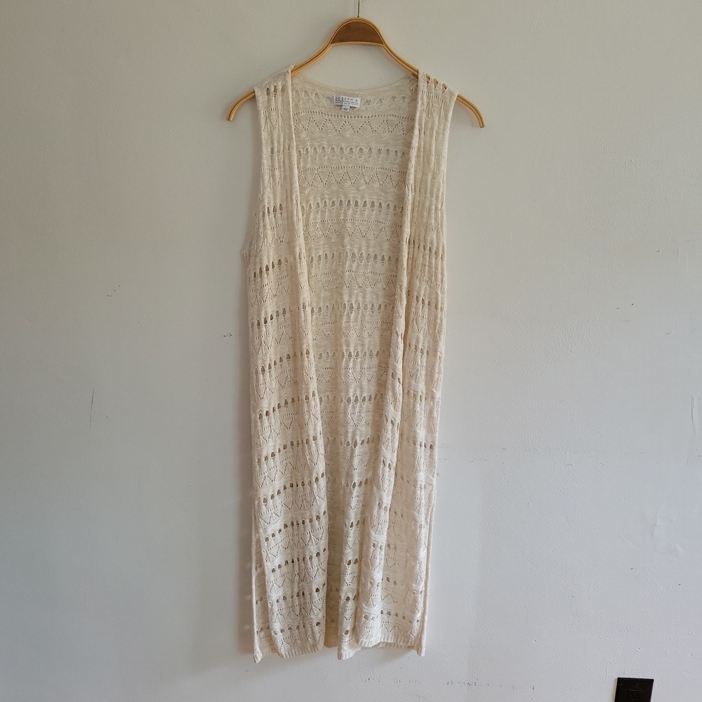 Joseph A Open Front Sleeveless Cardigan Large Ivory Knit Duster Vest Boho Chic